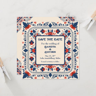 Convite Salve a Data, arte popular floral, vermelho branco