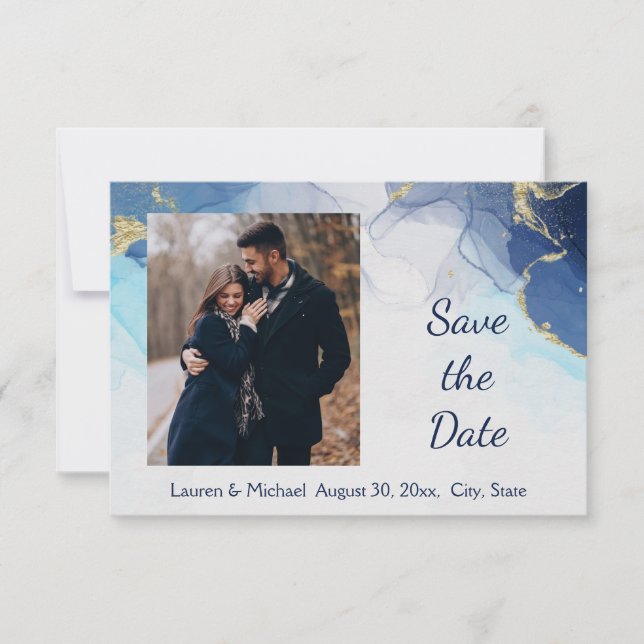 Convite Salve a Data Azul Dourado Aquarela   Casamento  (Frente)