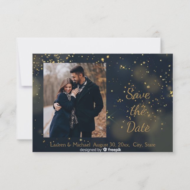 Convite Salve a Data Azul Dourado Estrelas Noite Casamento (Frente)