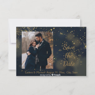 Convite Salve a Data Azul Dourado Estrelas Noite Casamento