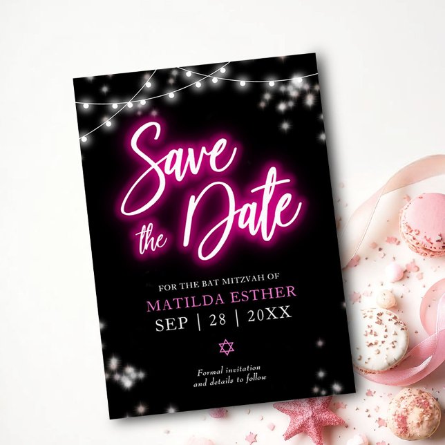 Convite Salve a Data Bat Mitzvah Tema Neon Rosa Vibrante (Criador carregado)