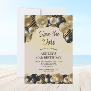 Convite Salve a data Black Dourado Balloons aniversário de