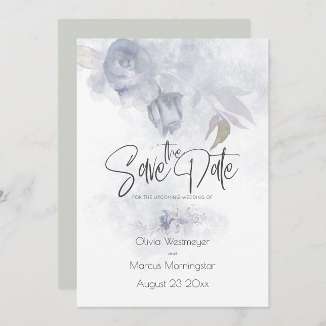 Convite Salve a data Bohemian Dusty Blue Floral (Frente/Verso)