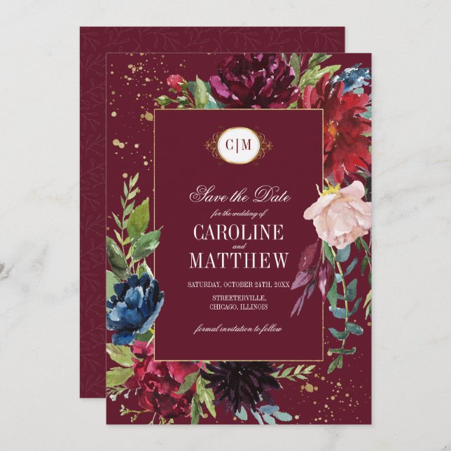 Convite Salve a data. Borgonha | Casamento Floral Azul Mar (Frente/Verso)