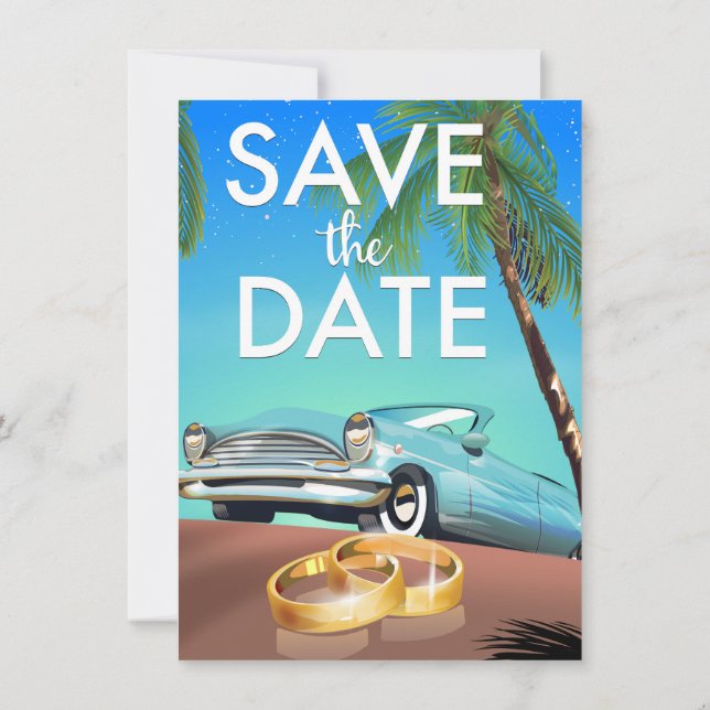 Convite Salve a data carro antigo e alianças de casamento. (Verso)