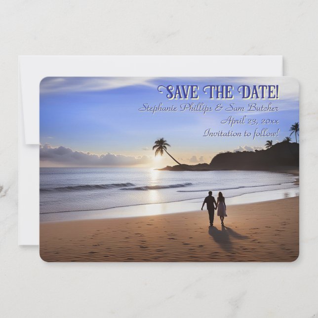 Convite Salve a Data Casal Romântico na Praia (Frente)