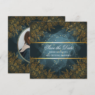 Convite Salve a data, Casamento Azul e preto Elegante