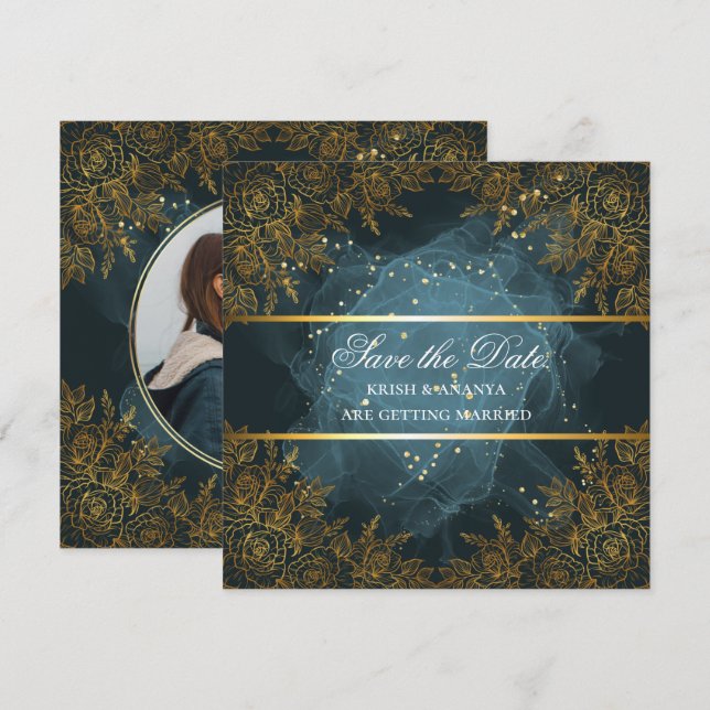 Convite Salve a data, Casamento Azul e preto Elegante (Frente/Verso)