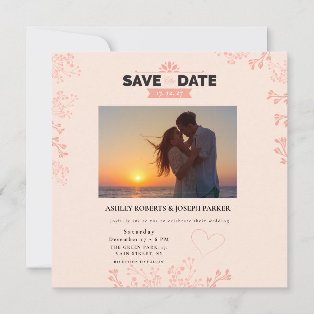 Convite Salve a data - Casamento de fotos flóricas cor-de- (Frente)