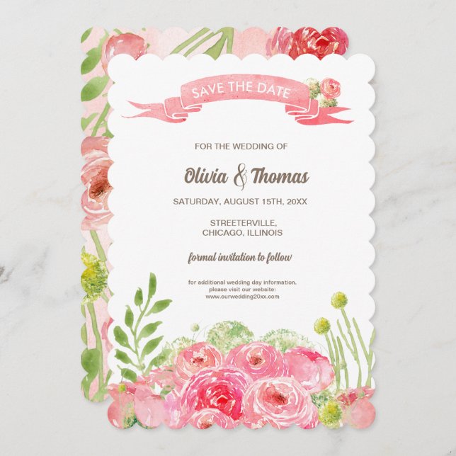 Convite Salve a data. Casamento de Rosas de Aquarela Român (Frente/Verso)