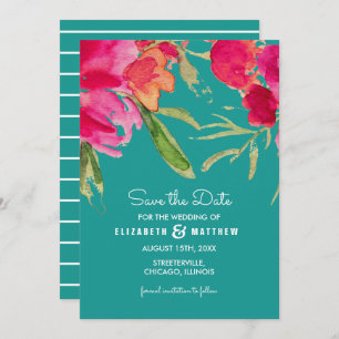 Convite Salve a data. Casamento Floral Turquoise Fuchsia