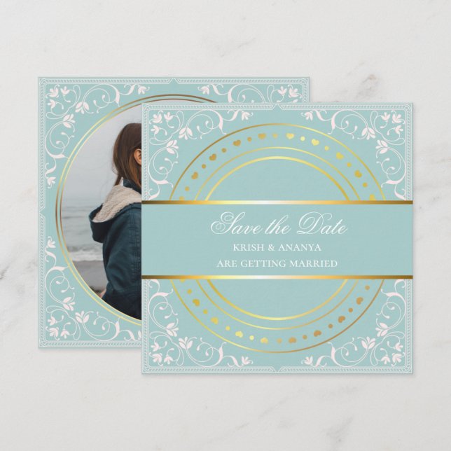 Convite Salve a data, Casamento Pastel Verde e Dourado (Frente/Verso)