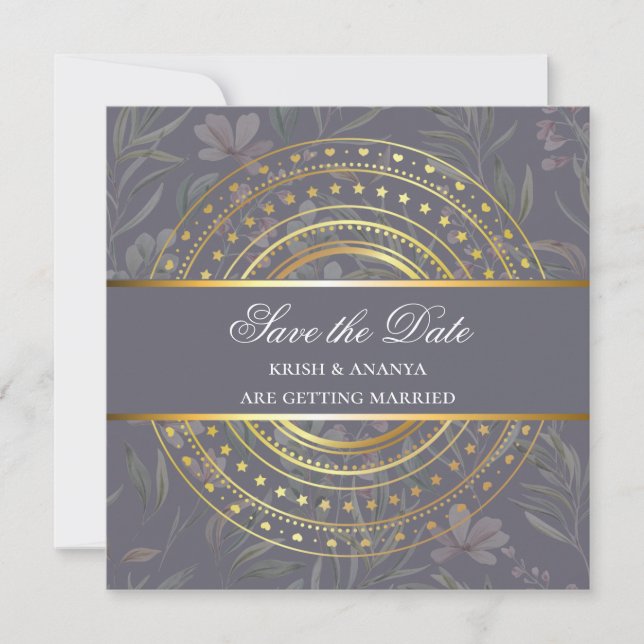 Convite Salve a data, Casamento Roxo e Dourado de Primaver (Frente)