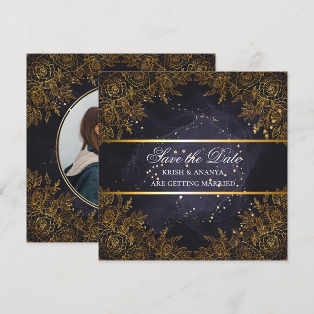 Convite Salve a data, Casamento roxo e preto elegante (Frente/Verso)