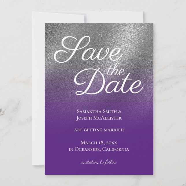 Convite Salve a Data com Gradiente de Glitter Ombre Roxo R (Frente)