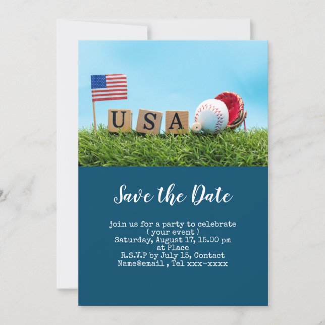 Convite Salve a data de beisebol com a bandeira da América (Frente)
