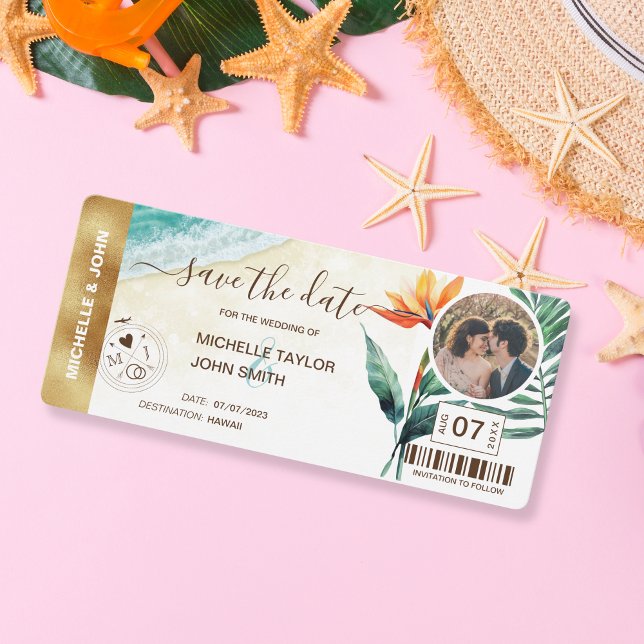 Convite Salve a data de embarque no World Map Beach Photo (strelitzia and beach watercolor)