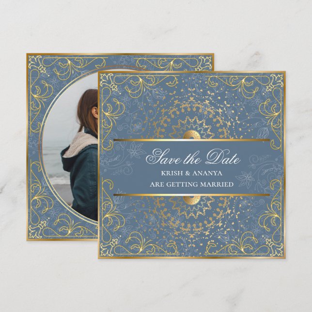 Convite Salve a data, Deslumbrante Casamento Azul e Dourad (Frente/Verso)