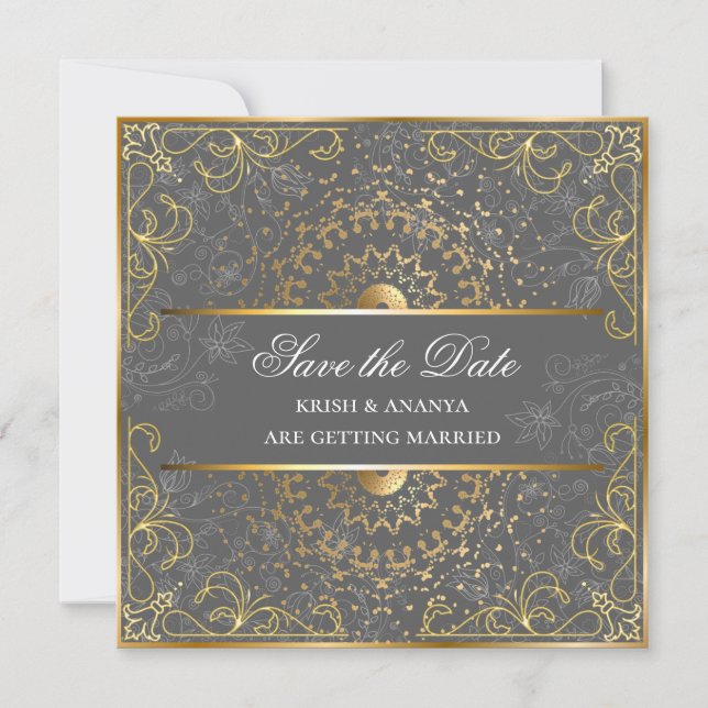 Convite Salve a data, Deslumbrante Casamento Cinza e Doura (Frente)