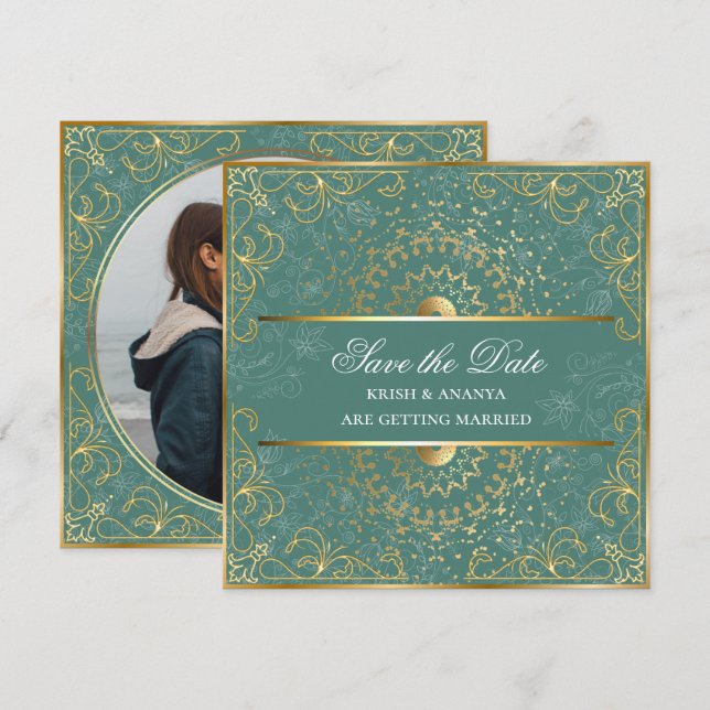 Convite Salve a data, Deslumbrante Casamento Verde e Doura (Frente/Verso)