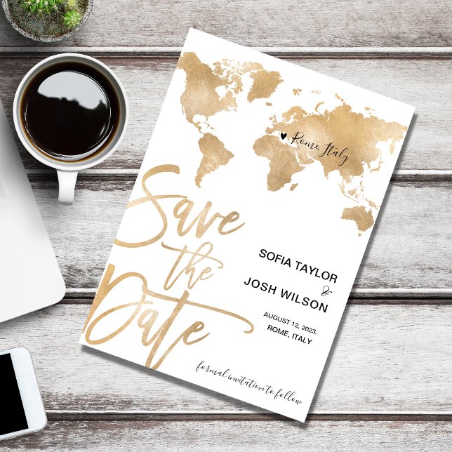 Convite Salve a data Destination World Map Dourado Heart (Criador carregado)