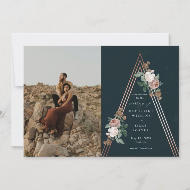 Convite Salve a data do casamento em pirâmide floral boho (Frente)