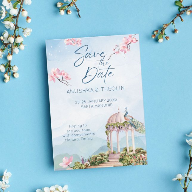 Convite Salve a data do casamento indiano azul empoeirado (Criador carregado)