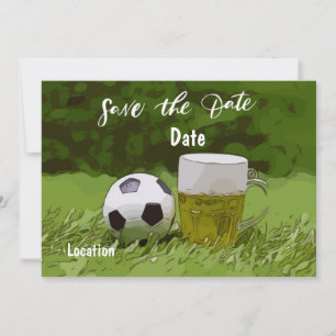 Convite Salve a data do futebol com cerveja na grama verde