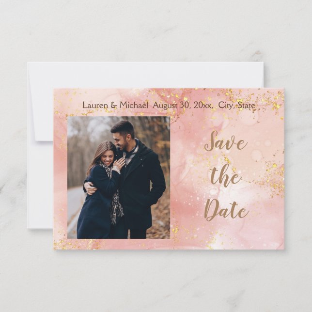 Convite Salve a data Dourada Glitter Elegante Rosa Moderno (Frente)