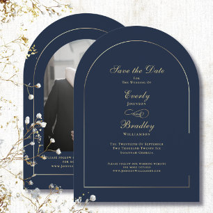 Convite Salve a Data Elegante Arco Dourado Fundo Azul Mari
