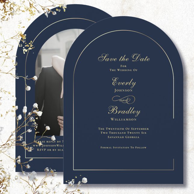 Convite Salve a Data Elegante Arco Dourado Fundo Azul Mari (Criador carregado)