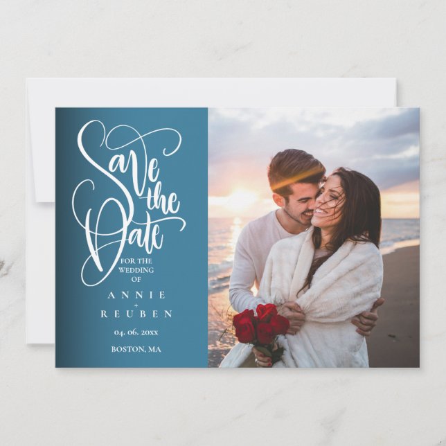 Convite Salve a Data Elegante Branco Script Moderno Foto (Frente)