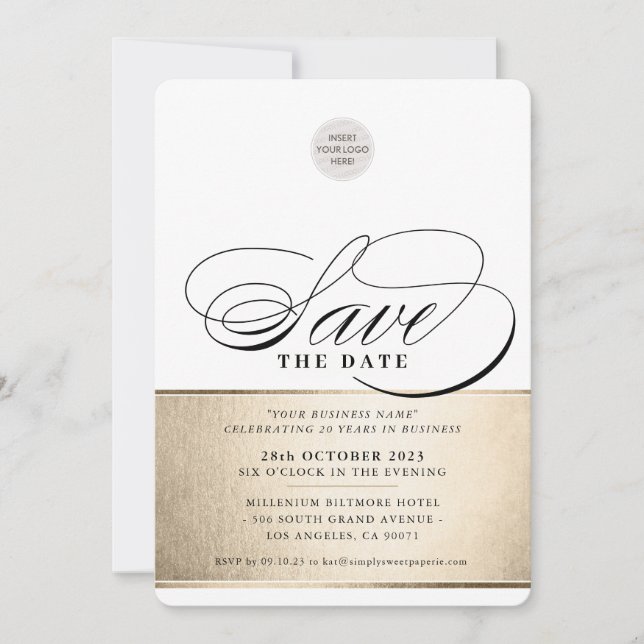 Convite SALVE A DATA elegante empresarial preto dourado (Frente)