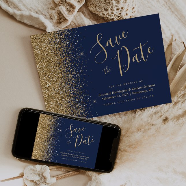 Convite Salve a Data em Azul Marinho com Brilho Dourado (Criador carregado)