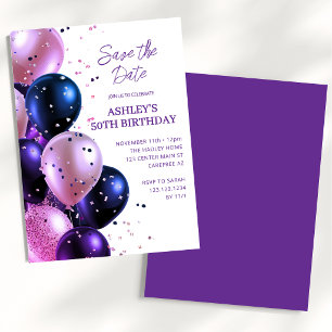 Convite Salve a data Festa de aniversário Real Roxo 50º