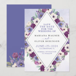 Convite Salve a Data Floral em Aquarela Roxo Fúcsia