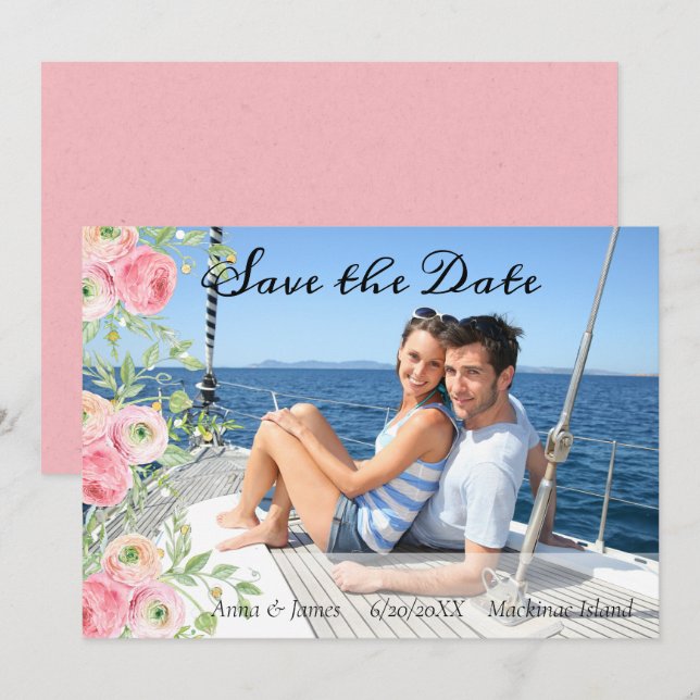Convite Salve a Data Floral Foto em Pêssego e Verde (Frente/Verso)