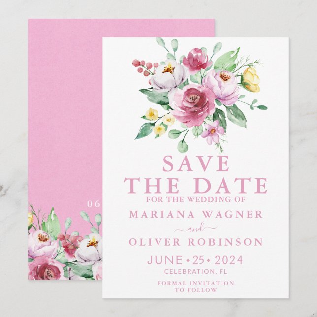 Convite Salve a Data Floral Rosa (Frente/Verso)