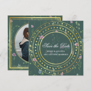 Convite Salve a Data Floral Verde e Dourado, Casamento