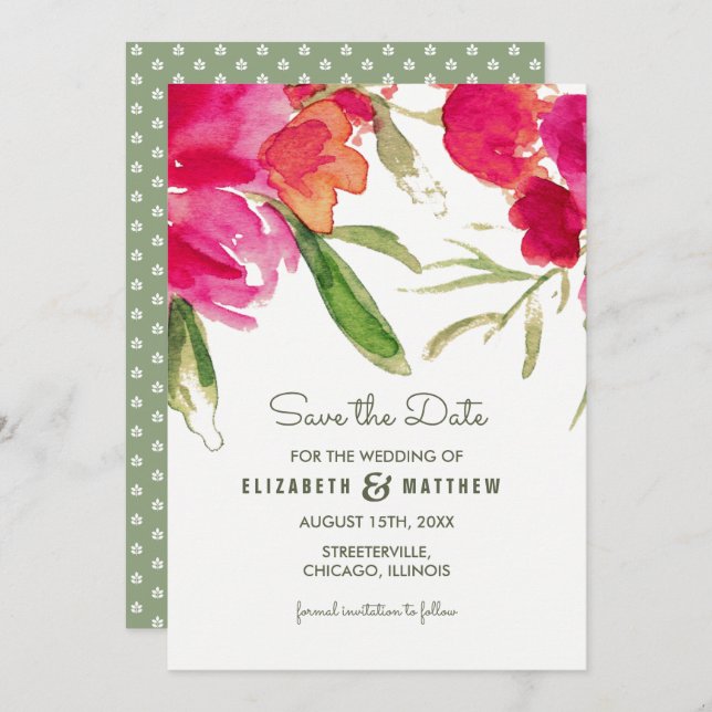 Convite Salve a data. Fuchsia Green Floral Wedding (Frente/Verso)