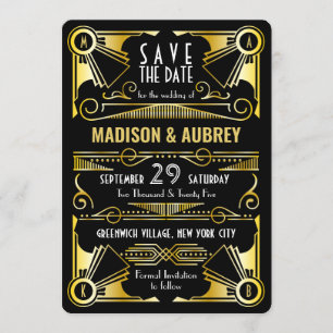 Convite Salve a data Gatsby Art Deco Dourado Preto