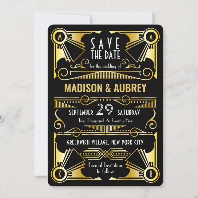 Convite Salve a data Gatsby Wedding Art Deco Dourado Preto (Frente)