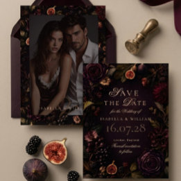 Convite Salve a Data Moody Dark Burgundy Floral