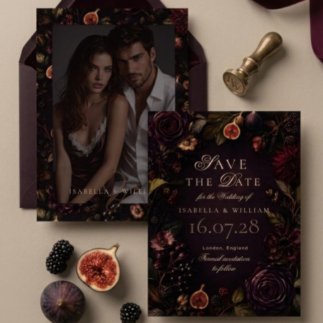 Convite Salve a Data Moody Dark Burgundy Floral (Criador carregado)