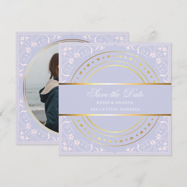 Convite Salve a data, Pastel Roxo e Dourado Casamento Inv (Frente/Verso)
