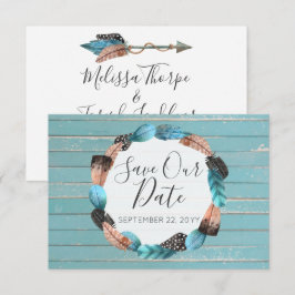 Convite Salve a Data Penas Turquesa Rústicas Boho Flecha