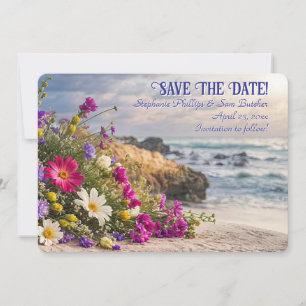 Convite Salve a Data Romântico Lindas Flores na Praia 
