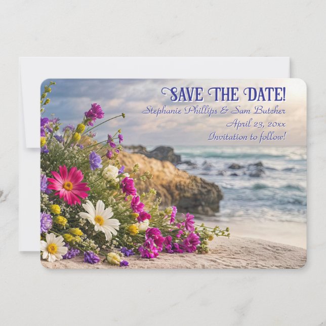 Convite Salve a Data Romântico Lindas Flores na Praia  (Frente)