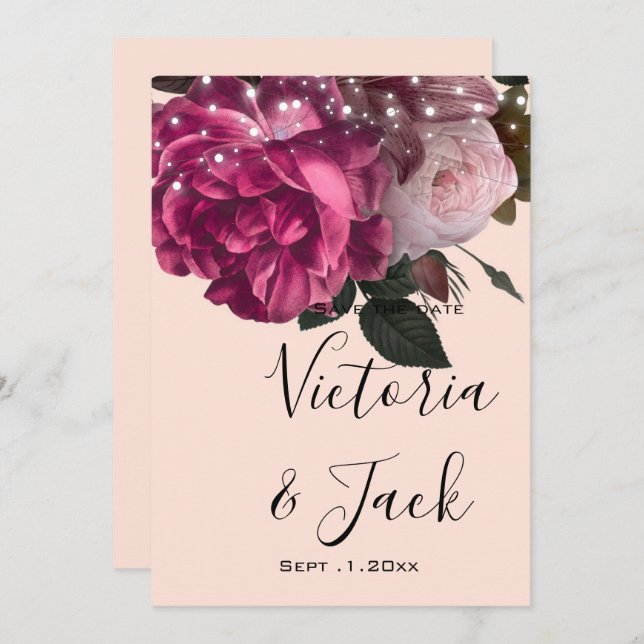 Convite salve a data String Lights Burgundy Flowers (Frente/Verso)