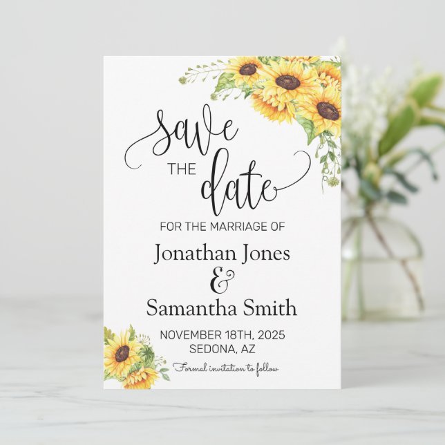 Convite Salve a data Sunflower Boho Chic Weding (Em pé/Frente)